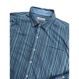Tommy Bahama Mens XL Blue‎ Teal Plaid Silk Blend Button Down Shirt Long Sleeve